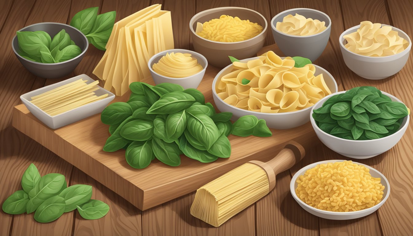 A colorful array of fresh spinach, creamy pasta, and almond flour pasta packages on a wooden kitchen counter