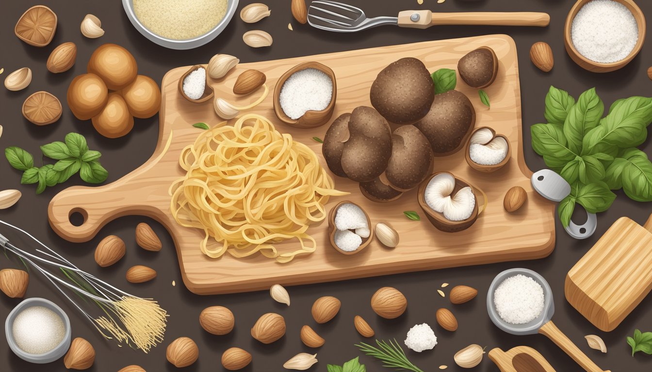 A wooden cutting board with ingredients: mushrooms, truffles, and almond flour pasta, surrounded by kitchen utensils and containers