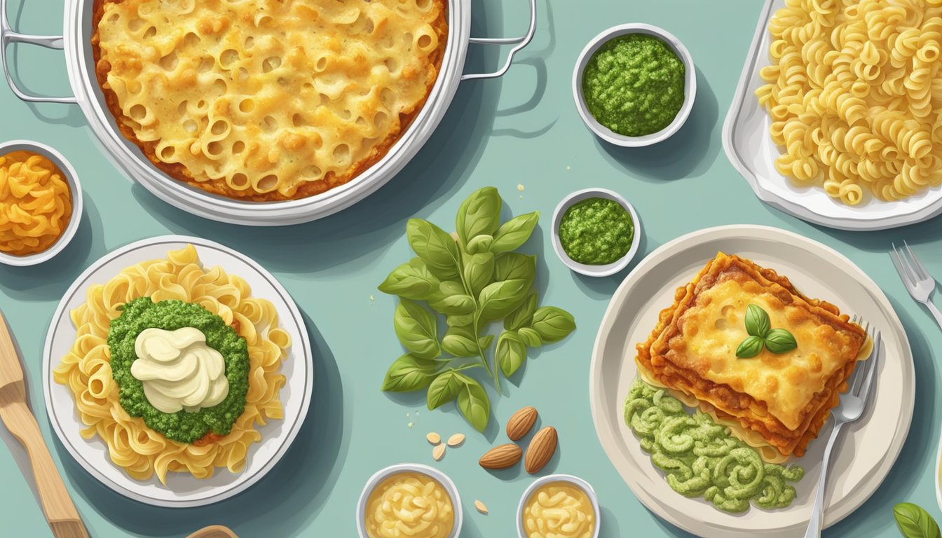 A colorful kitchen counter displays a variety of dishes made with almond flour pasta, including a hearty lasagna, fresh pesto pasta, and creamy macaroni and cheese