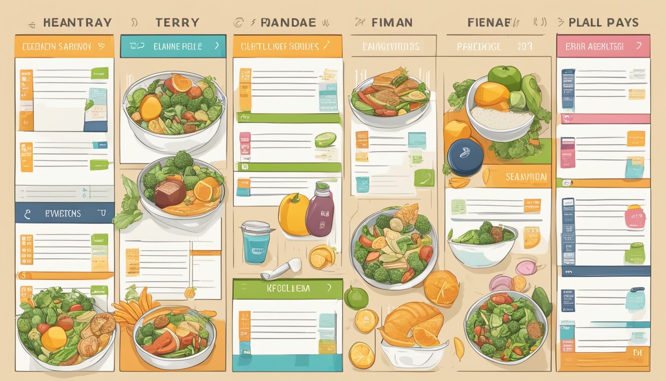 An athlete's meal plan and workout schedule overlapping on a calendar, with food and exercise icons