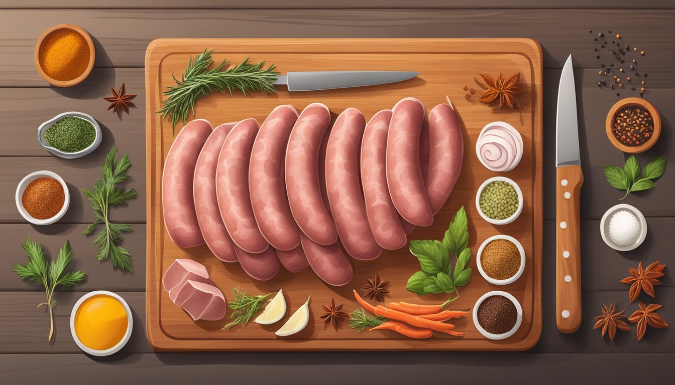 A chef slicing kielbasa on a wooden cutting board with various spices and herbs arranged neatly nearby