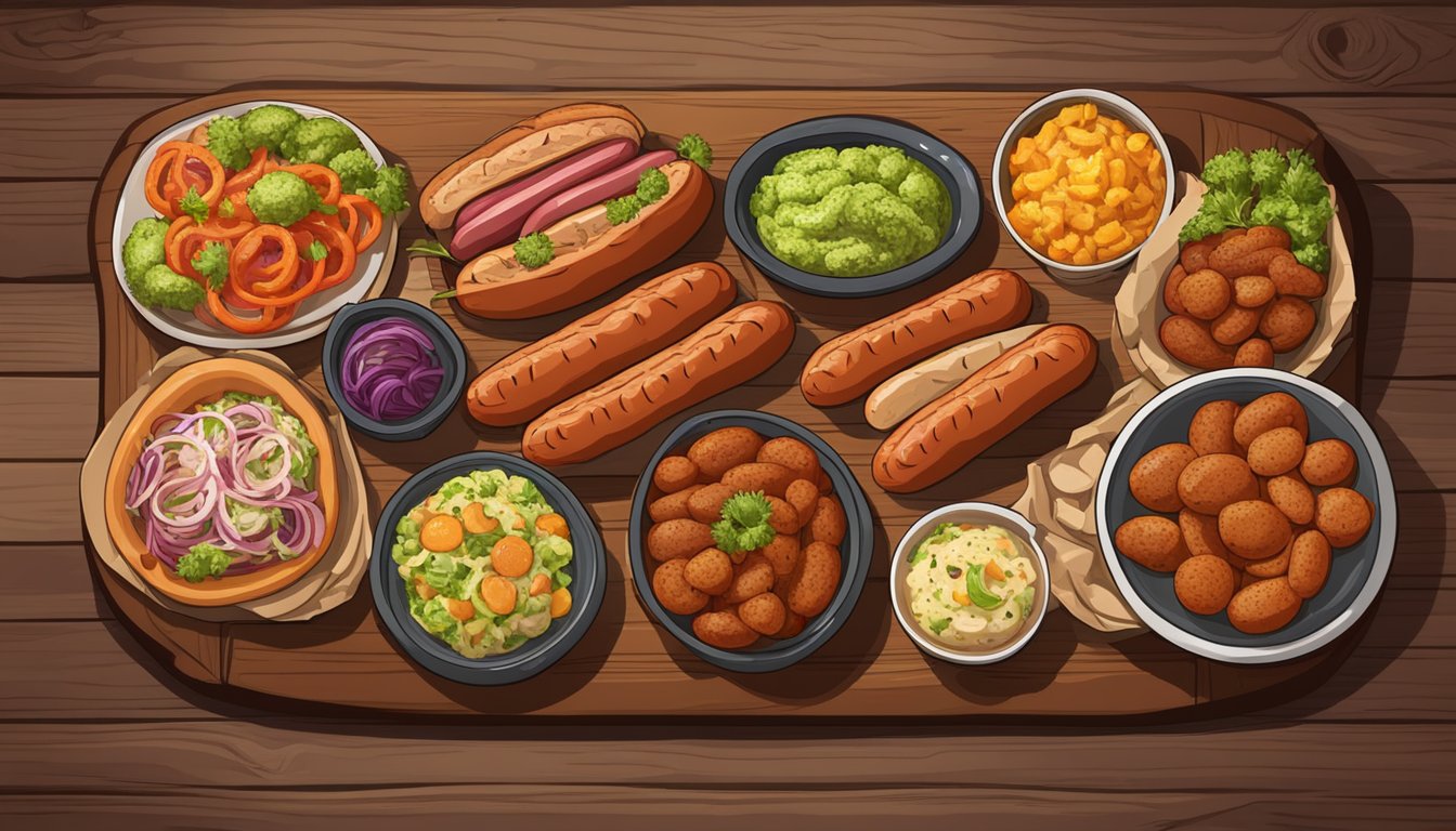 A sizzling kielbasa surrounded by a variety of colorful and flavorful side dishes, arranged neatly on a rustic wooden serving platter