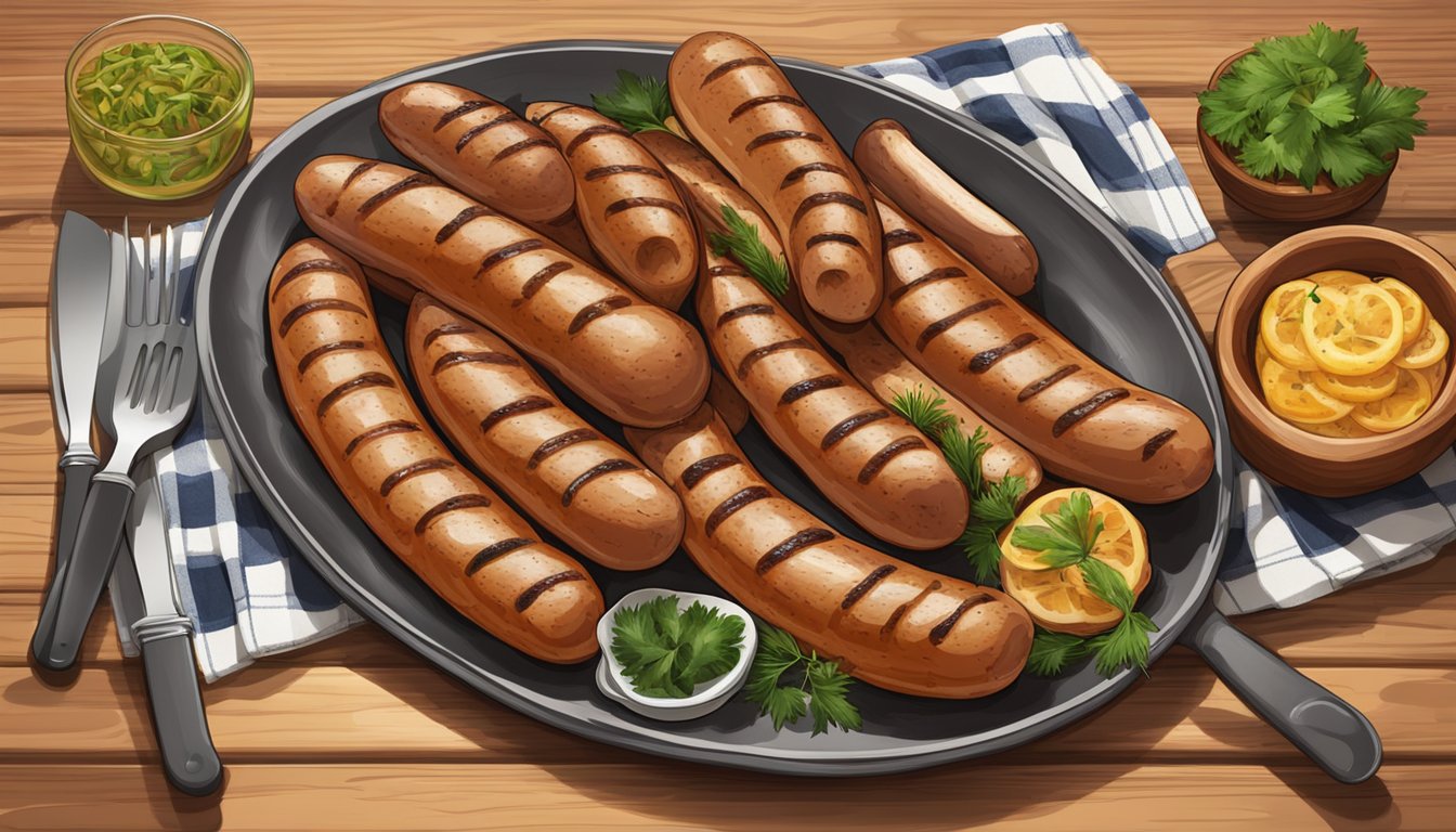 A platter of grilled kielbasa arranged with garnishes and serving utensils on a wooden table