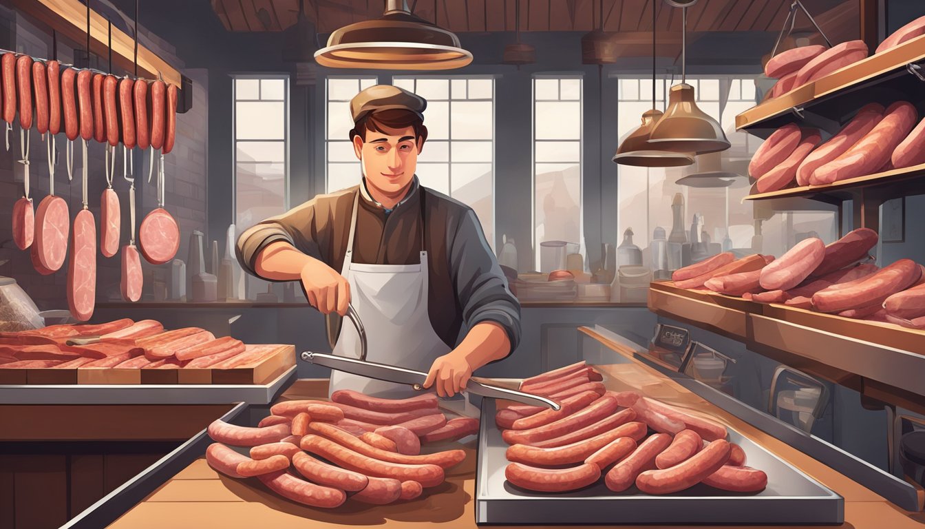 A butcher slicing and packaging kielbasa sausages, surrounded by hanging links and various cuts of meat in a traditional European-style butcher shop