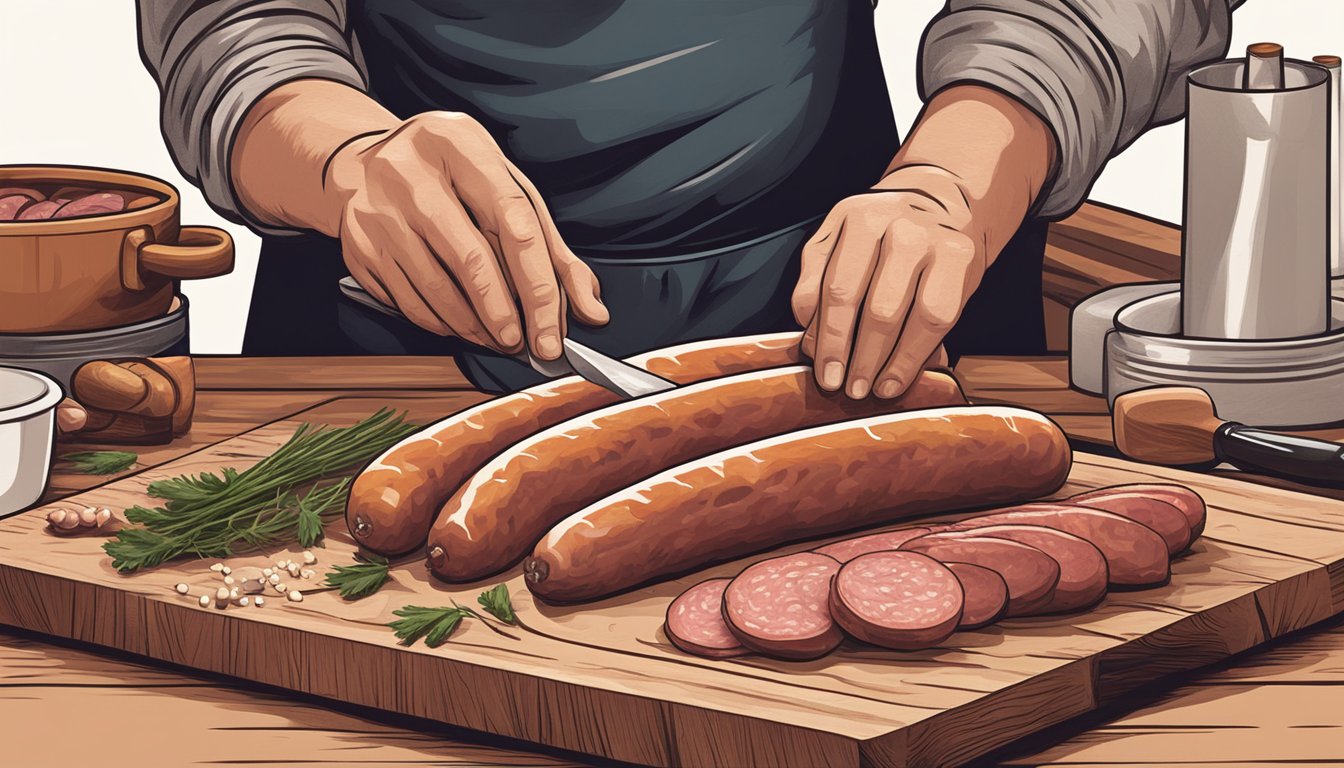 A butcher arranging kielbasa on a wooden cutting board