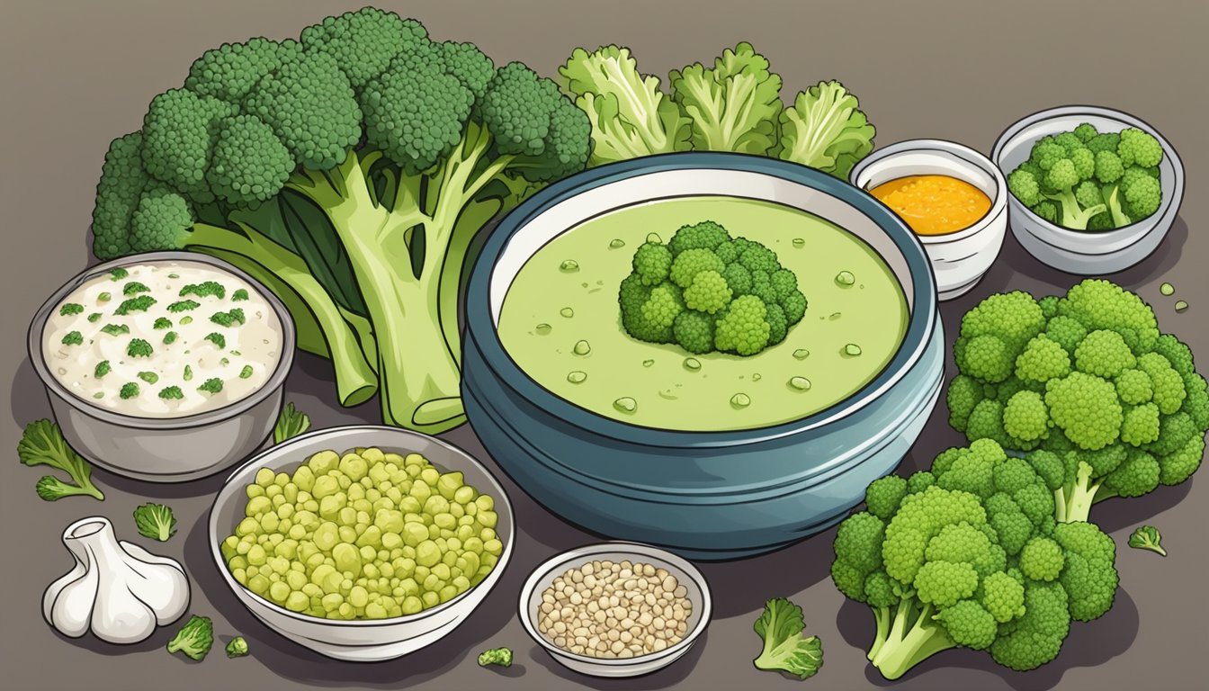 A steaming bowl of creamy romanesco soup surrounded by fresh romanesco broccoli and other meal prep ingredients