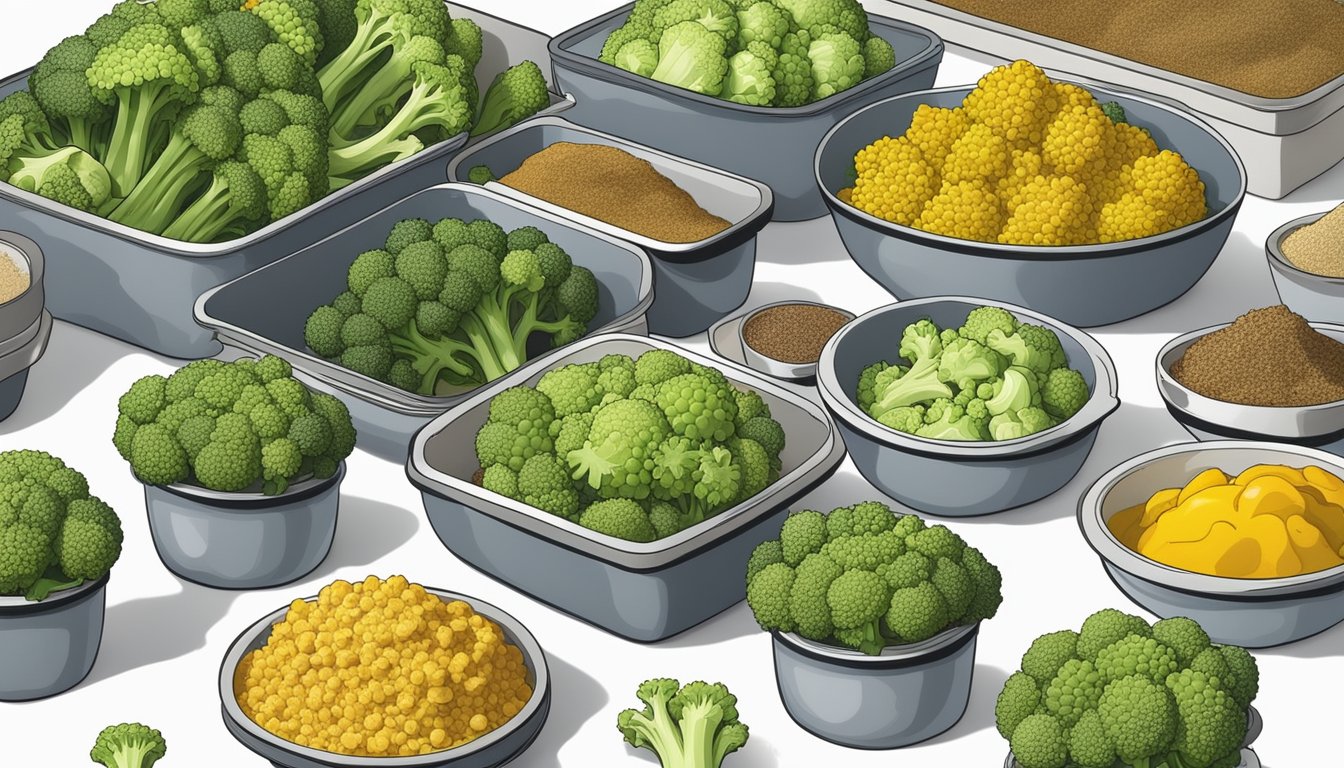 A colorful array of romanesco broccoli, curry spices, and meal prep containers arranged on a kitchen counter