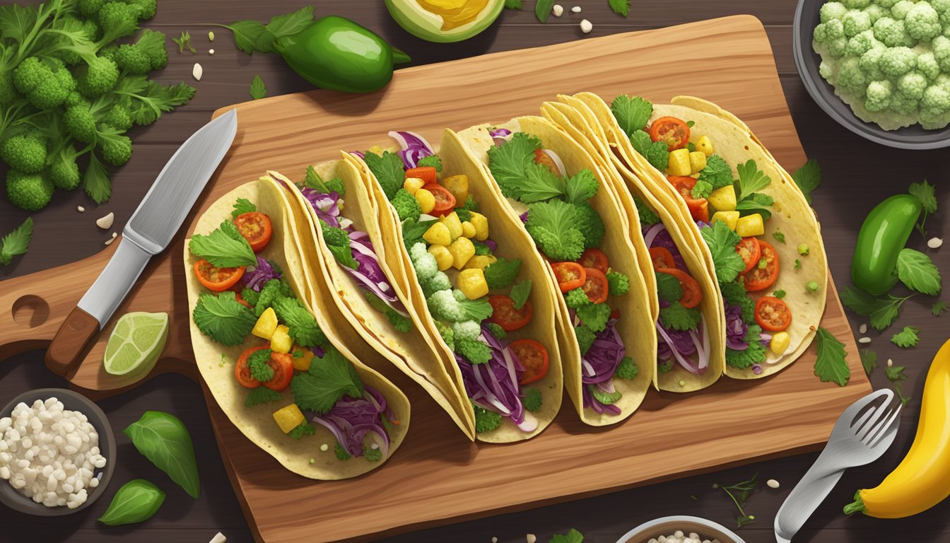 A colorful array of roasted romanesco tacos arranged on a wooden cutting board, surrounded by fresh ingredients and herbs