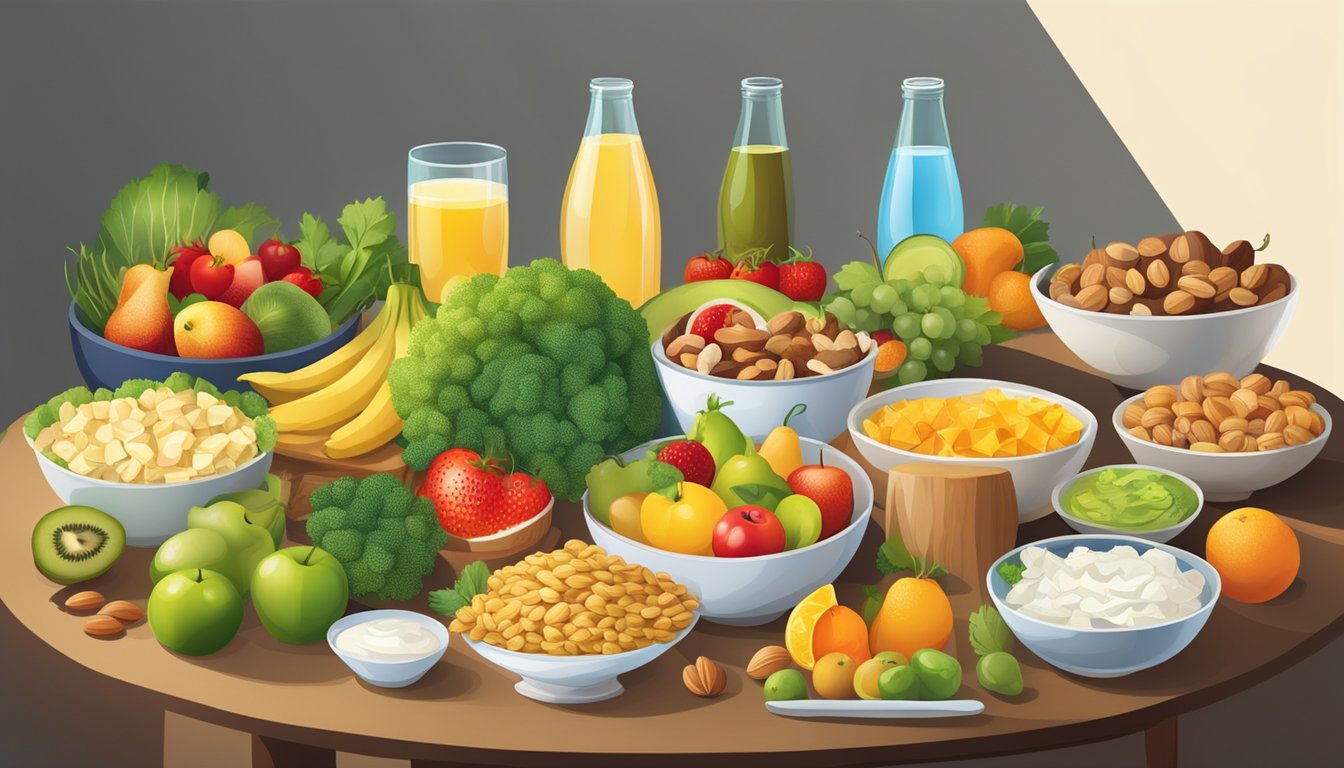 A table with various types of food and drink, including fruits, vegetables, nuts, and water, arranged in a balanced and visually appealing manner