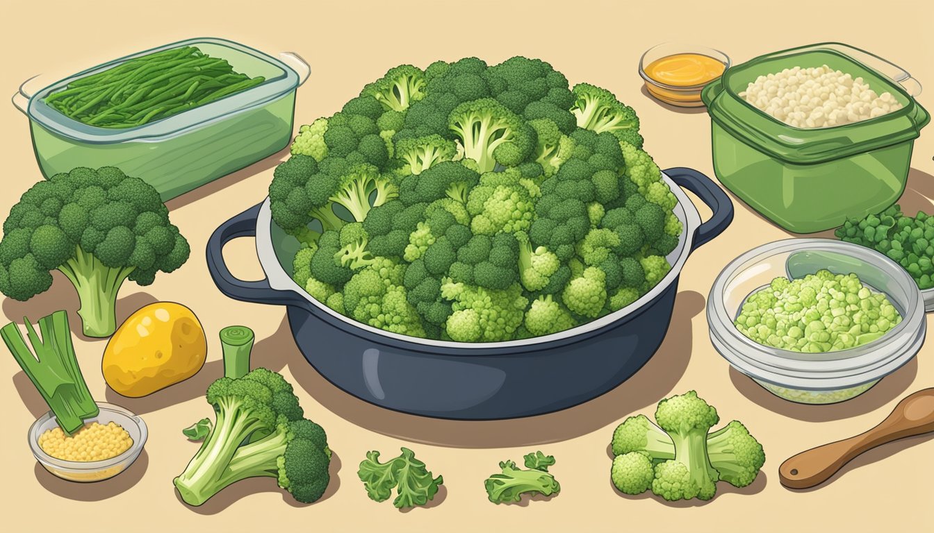 Romanesco broccoli being chopped and mixed with ingredients in a casserole dish, surrounded by various meal prep containers