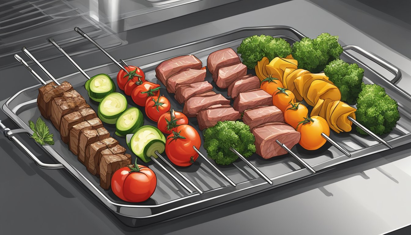 Assorted vegetables and meat skewered on metal rods, arranged on a baking sheet, ready to be placed in the oven