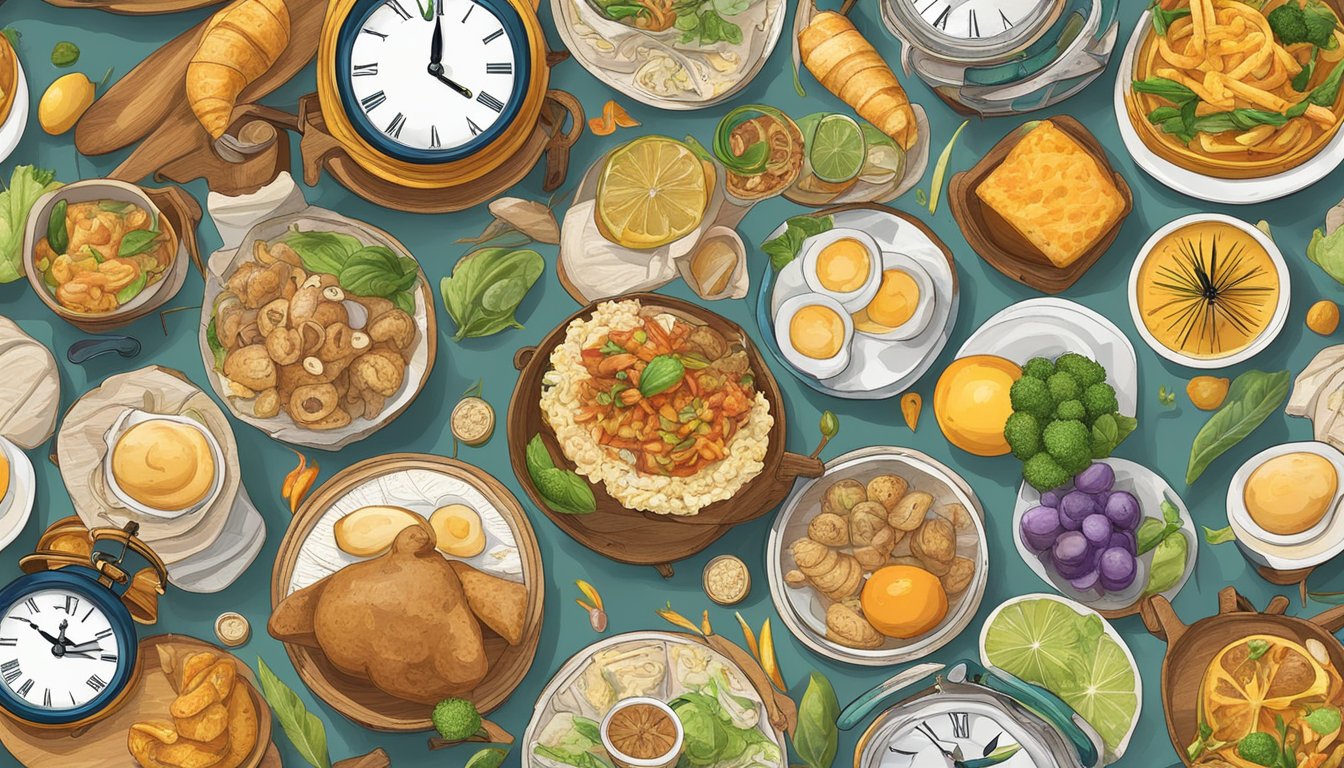 Various cultural foods and clocks symbolize global fasting challenges and strategies