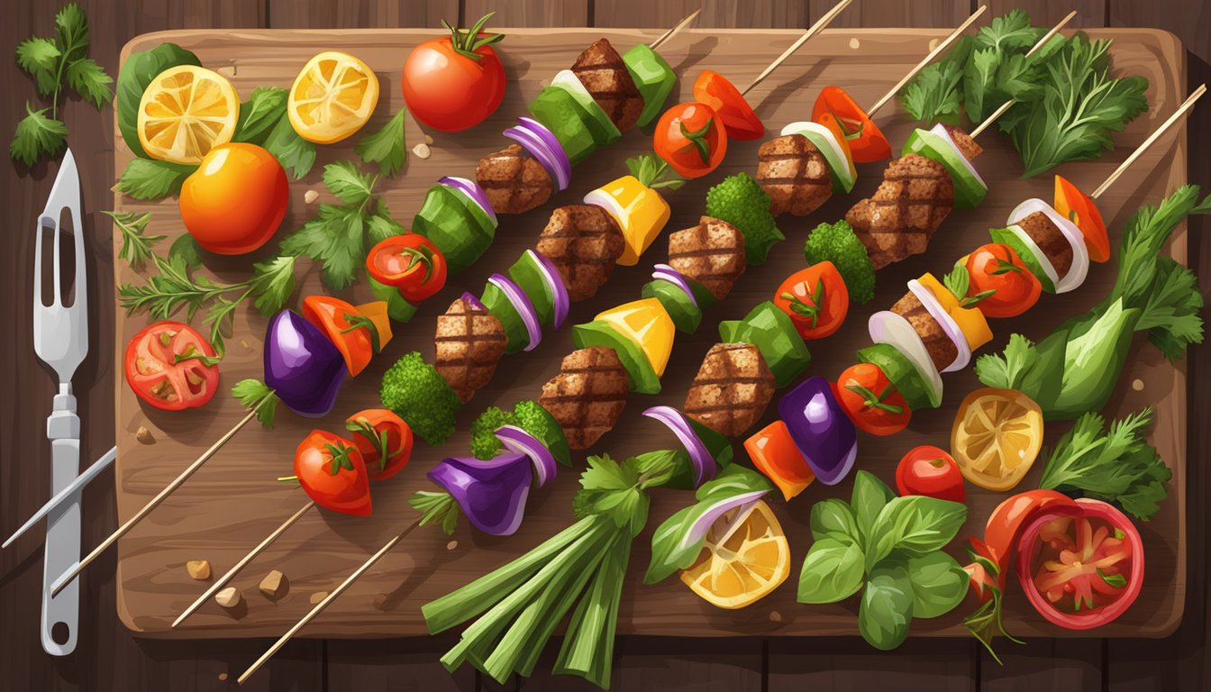 A sizzling skewer of oven-baked kabobs surrounded by a colorful array of fresh vegetables and herbs on a rustic wooden cutting board