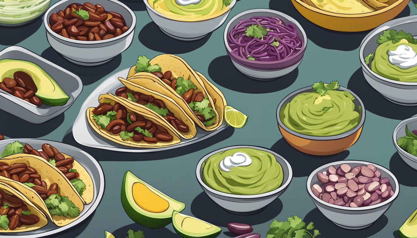 A colorful plate of kidney bean tacos topped with avocado crema, surrounded by various meal prep containers filled with different kidney bean recipes