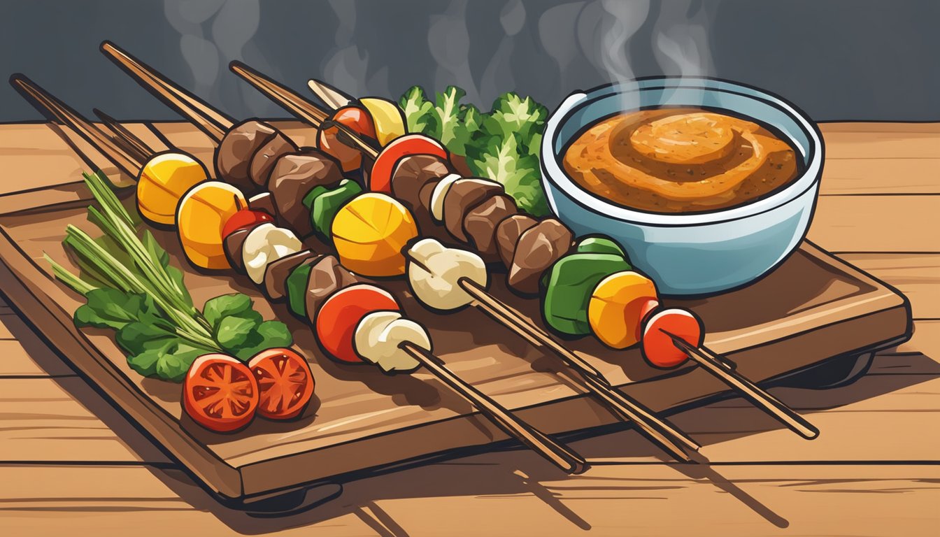 Oven baked kabobs arranged on a wooden serving platter with colorful vegetables and skewers. A garnish of fresh herbs and a drizzle of sauce completes the presentation