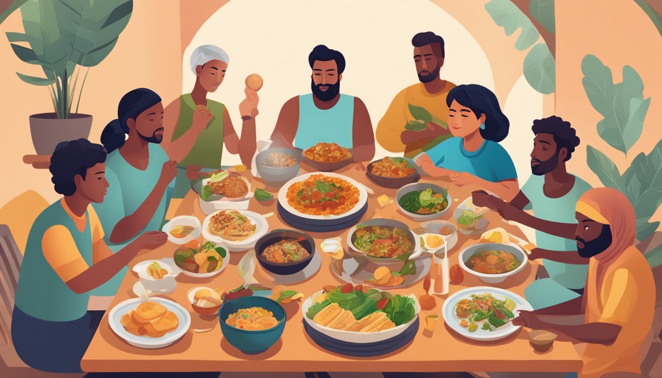 A diverse group of people from various cultures engaging in intermittent fasting, surrounded by different types of food and traditional dishes