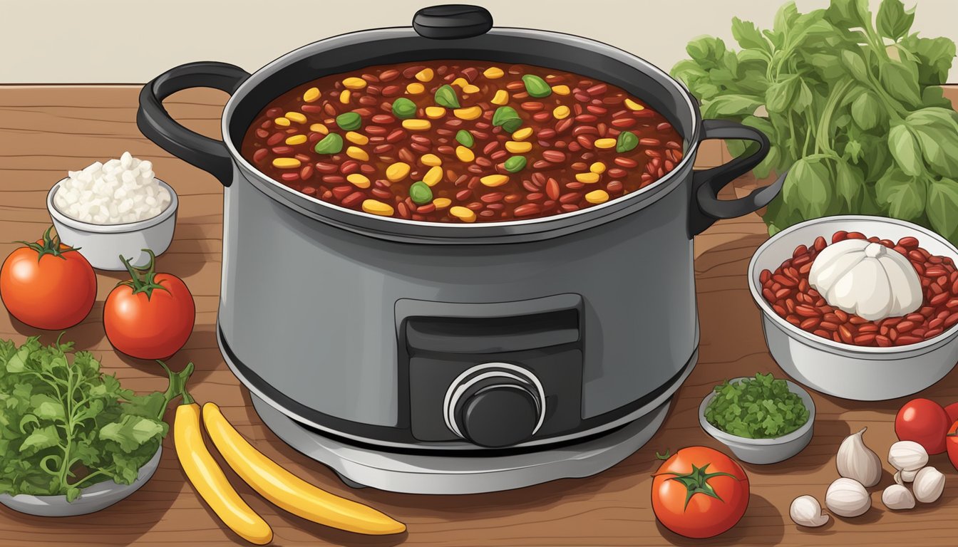 A pot of vegetarian chili simmering on a stovetop, filled with colorful kidney beans, tomatoes, and other fresh ingredients