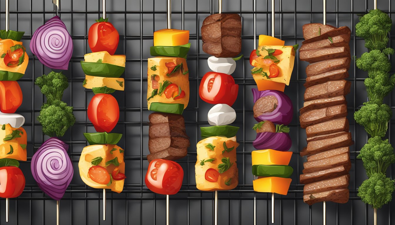 Colorful array of oven baked kabobs on a wire rack, with a variety of vegetables and meats skewered and sizzling