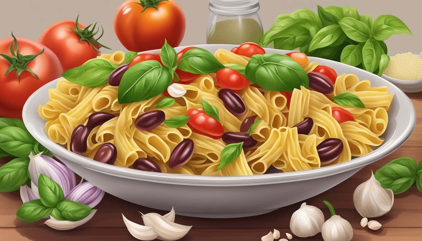 A colorful bowl of Mediterranean kidney bean pasta surrounded by fresh ingredients like tomatoes, basil, and garlic