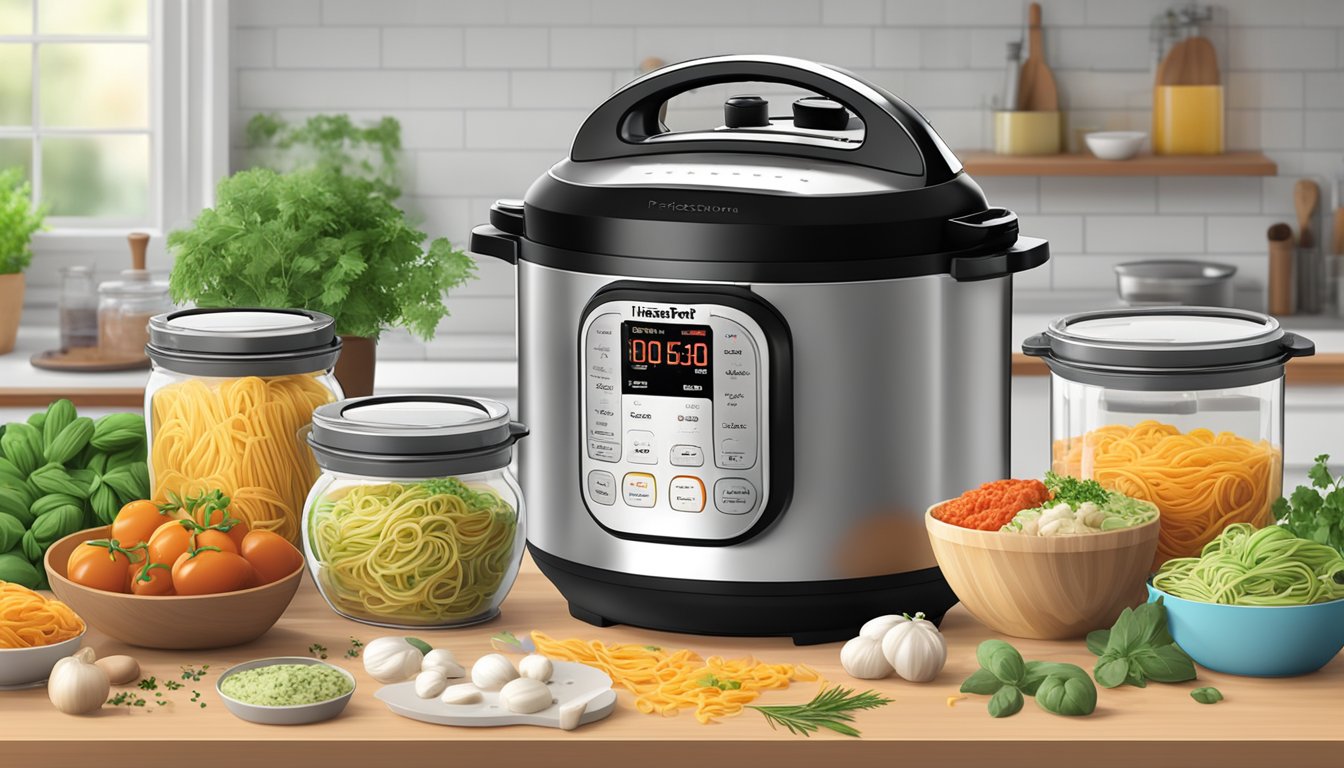 A steaming Instant Pot sits on a kitchen counter, surrounded by colorful pasta, fresh herbs, and jars of sauce