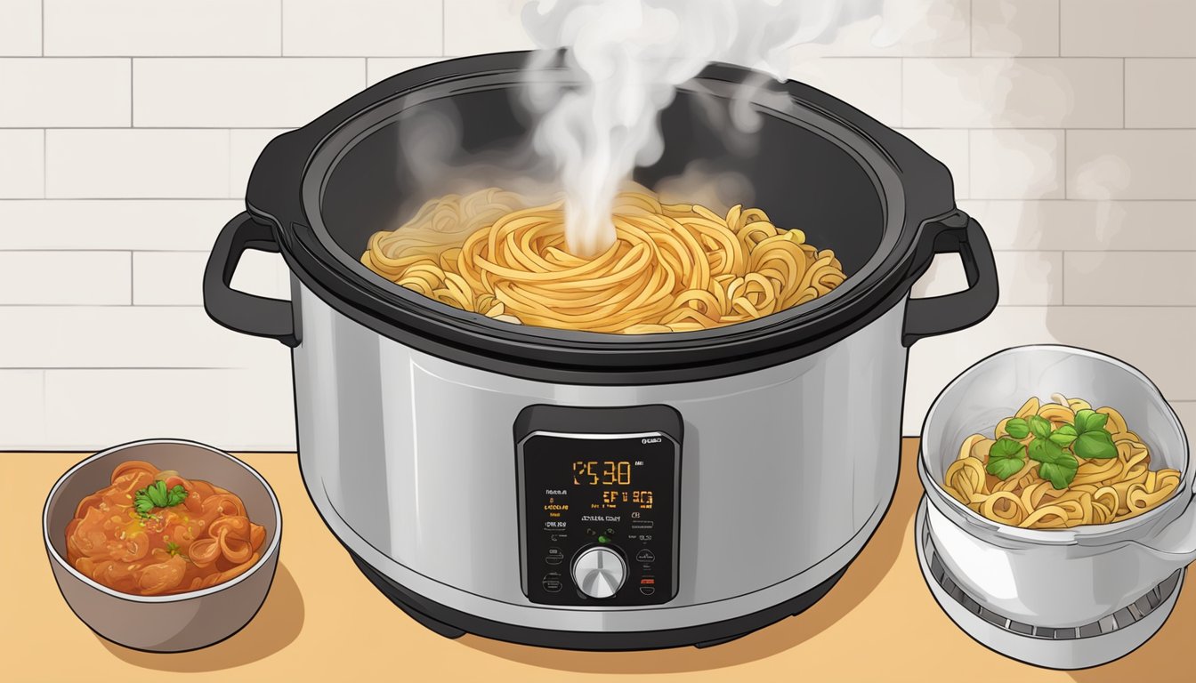 Steam rising from open instant pot with pasta and sauce mixing