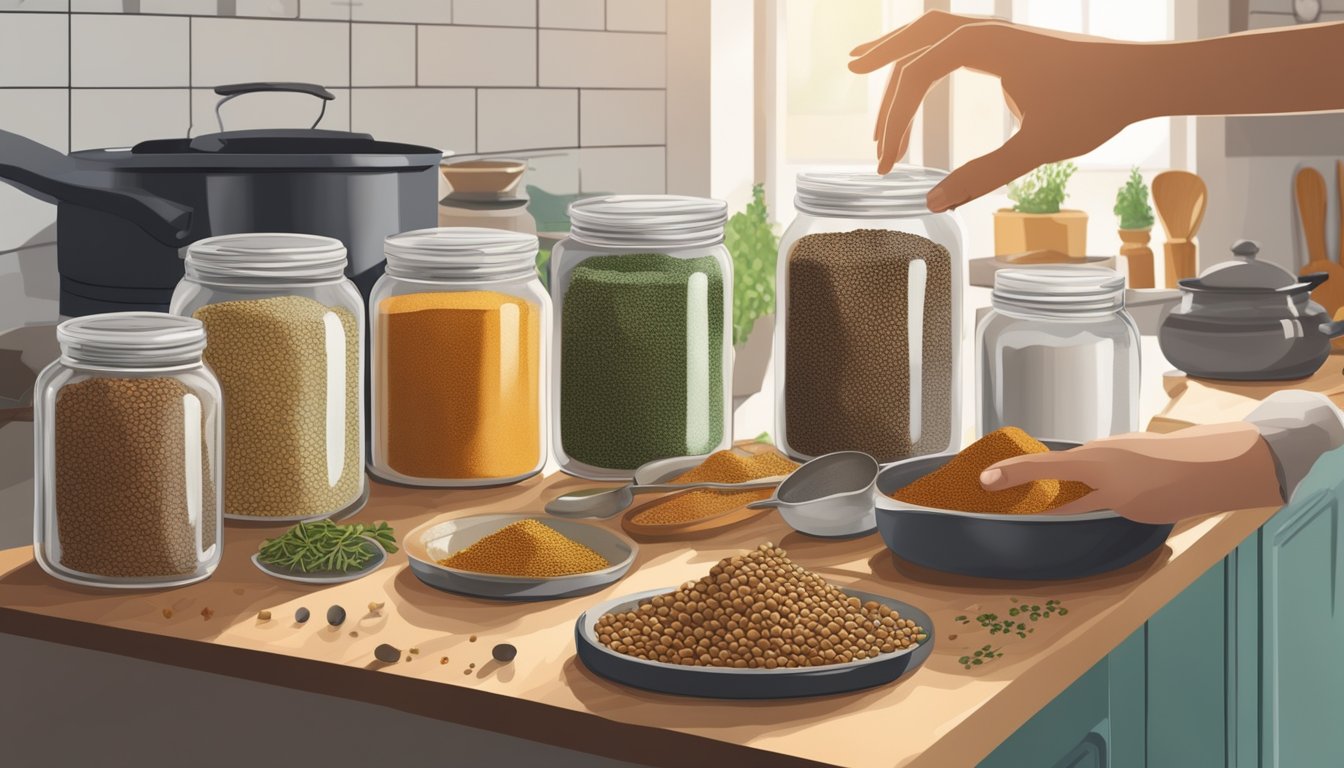 A hand reaching into a jar of lentils, a pot on the stove, and a variety of spices and herbs on the kitchen counter