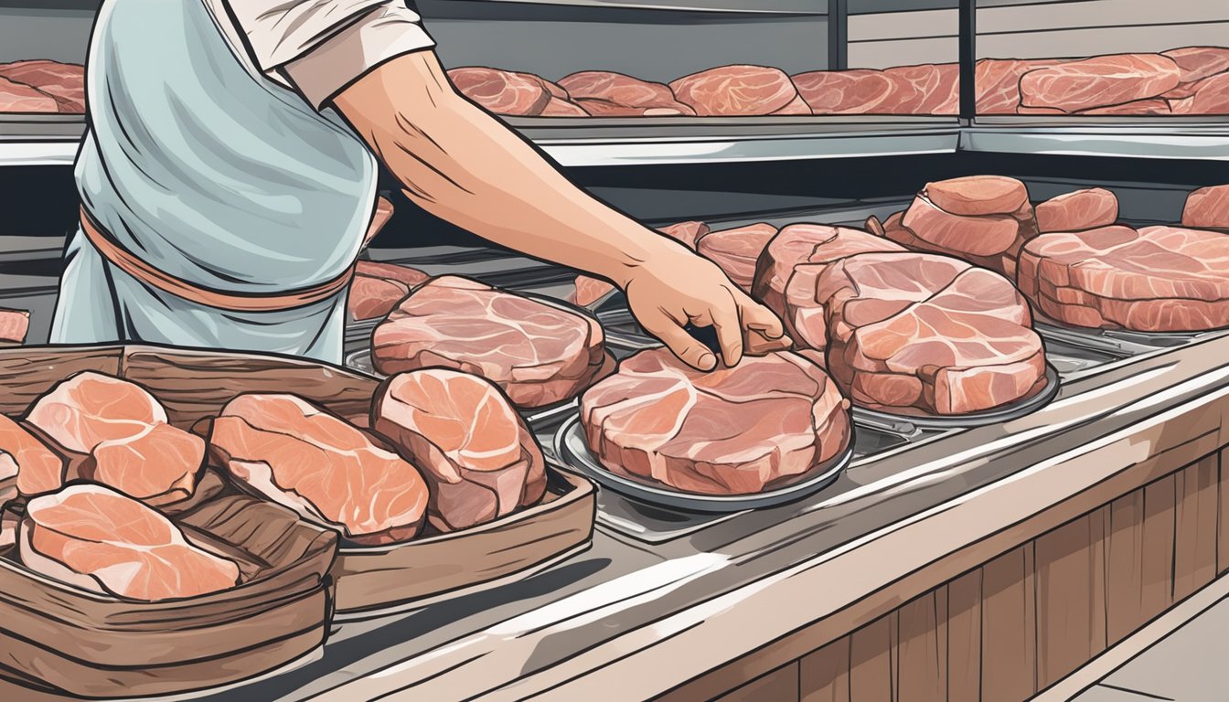 A hand selecting thick, marbled pork chops from a display at the butcher's counter