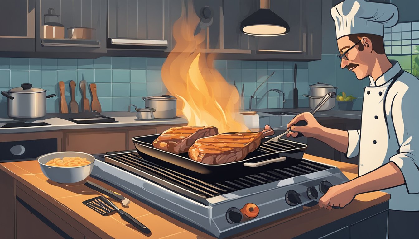 A chef skillfully searing pork chops in a sizzling pan, using tongs to flip them with precision. Nearby, essential cooking tools like a thermometer, knife, and cutting board are neatly arranged