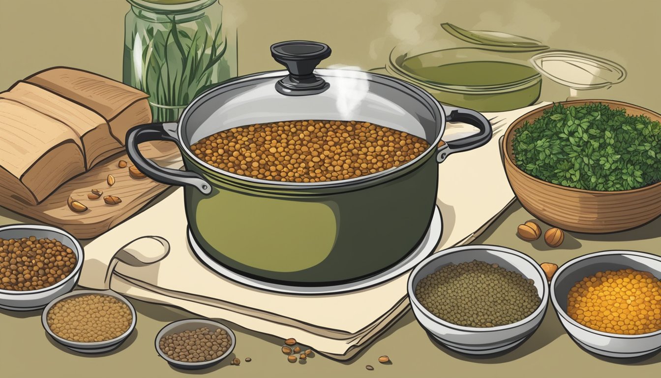 A pot of lentils simmering on a stove, surrounded by various herbs and spices, with a cookbook open to a page on lentil recipes