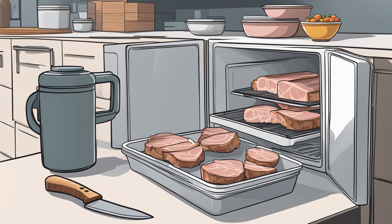 A refrigerator filled with neatly organized containers of leftover pork chops. A chef's knife and cutting board sit nearby, ready for the next meal