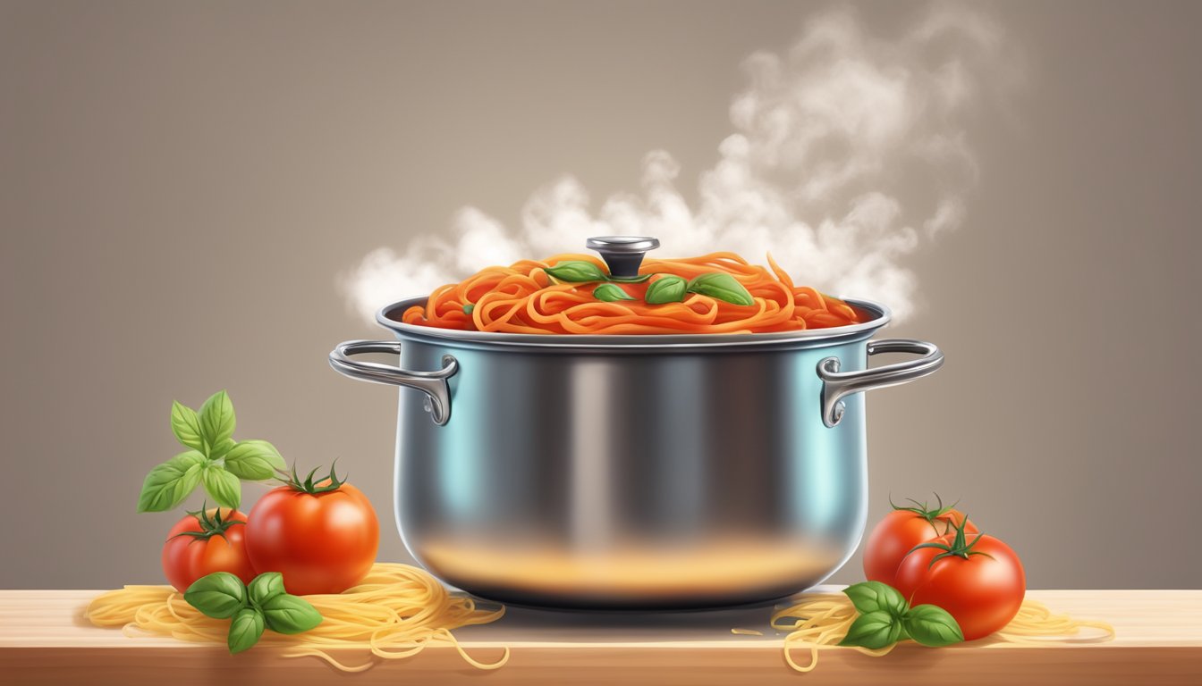 A pot of bubbling tomato sauce with pasta cooking inside, steam rising and the aroma of herbs and garlic filling the air