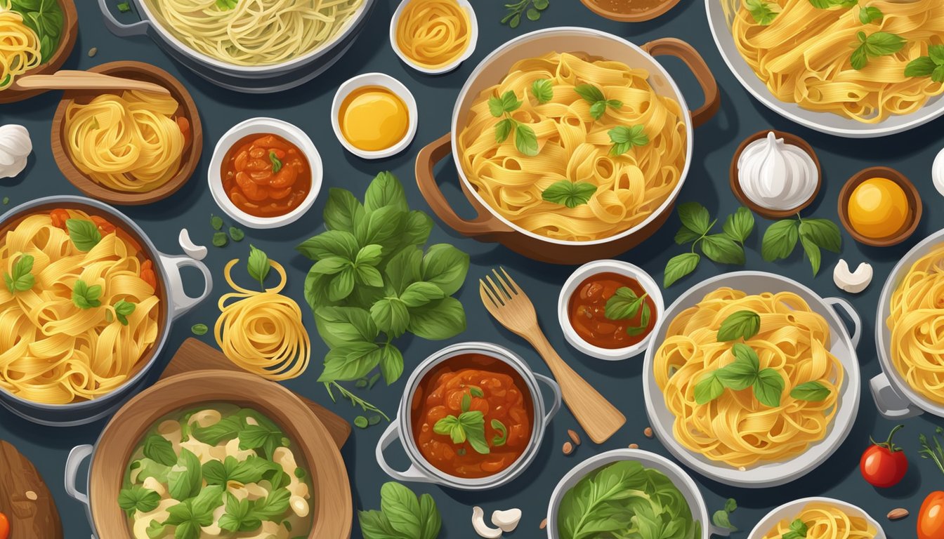 Pasta simmering in pots of rich, flavorful sauces, surrounded by fresh ingredients and cooking utensils