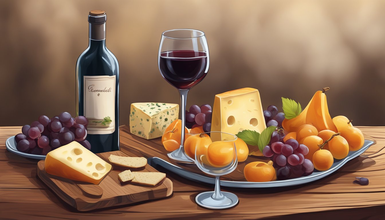 A platter of caramelized fruits and cheeses, accompanied by a bottle of red wine on a rustic wooden table