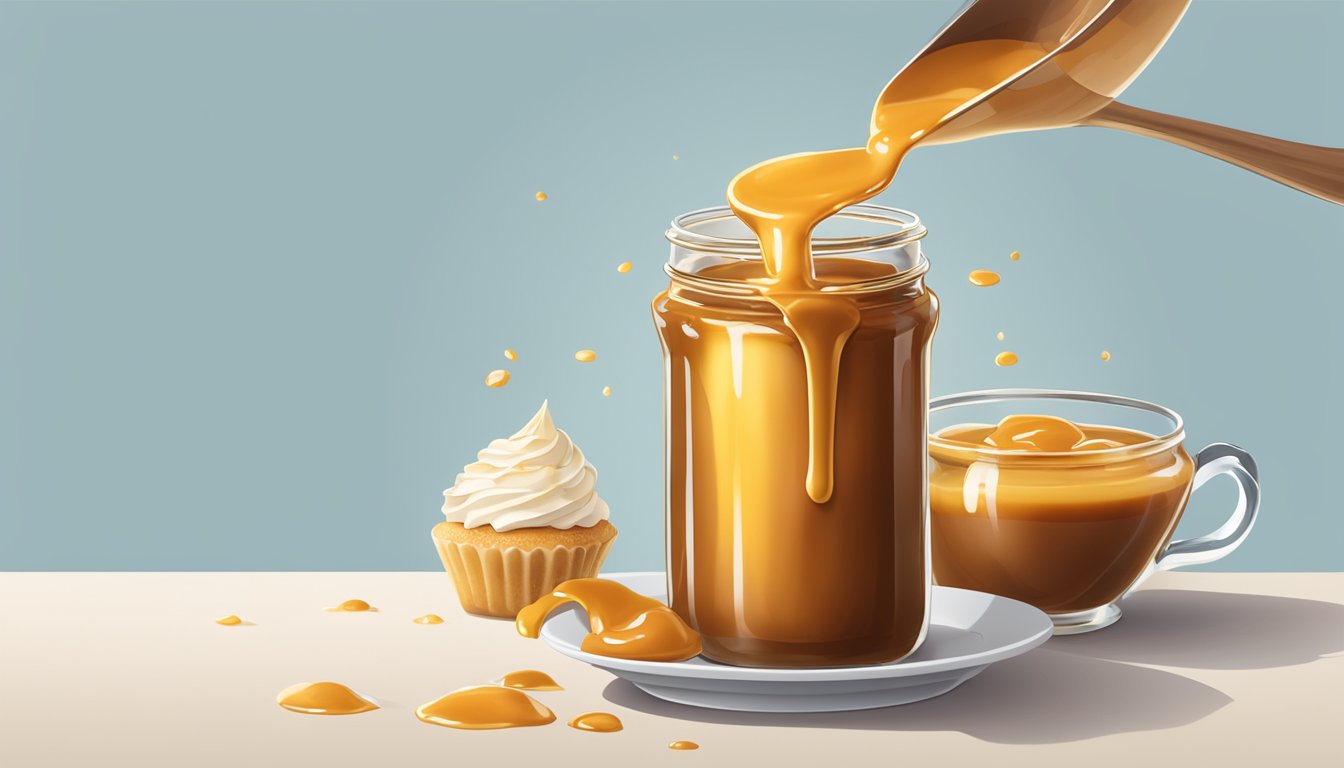 A glass jar filled with golden caramel sauce, with a spoon resting on the rim. A dollop of caramel is being drizzled onto a dessert