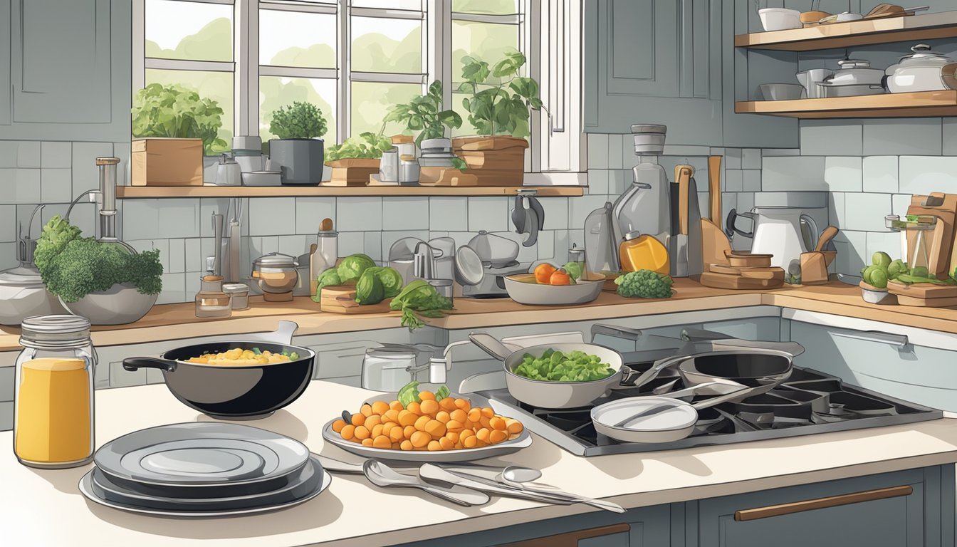 A variety of cooking utensils and ingredients are arranged on a clean, well-lit kitchen counter, ready for use