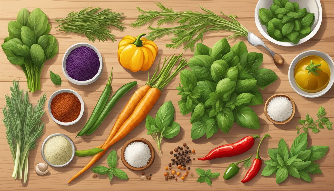 A variety of fresh herbs, colorful spices, and vibrant vegetables arranged on a wooden cutting board