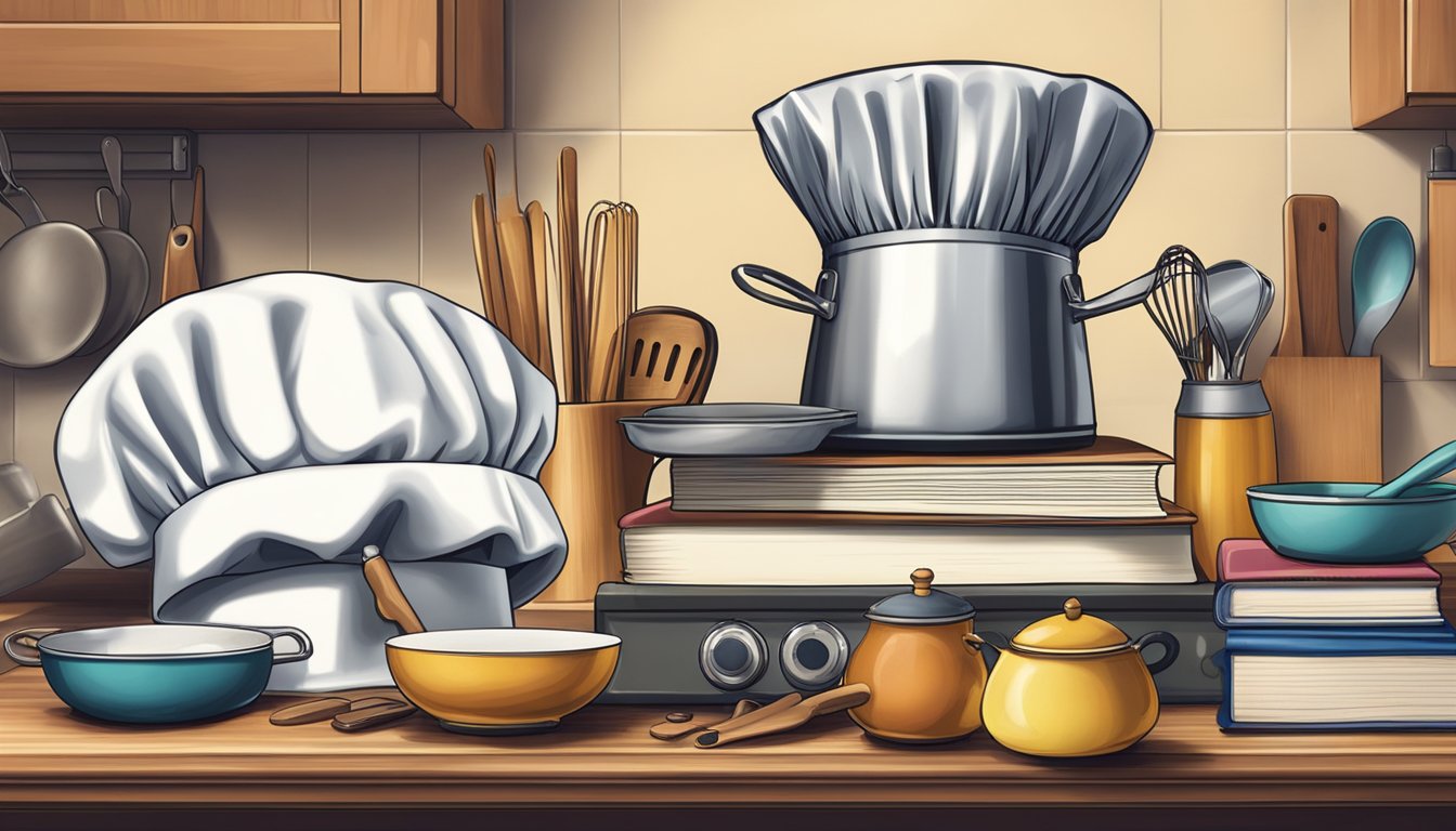 A chef's hat and apron surrounded by cooking utensils and a stack of cookbooks on a kitchen counter