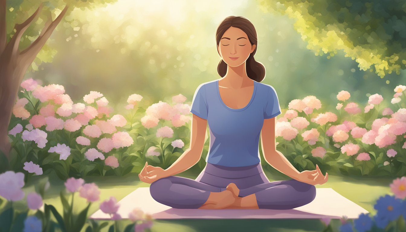 A mother doing yoga in a peaceful garden setting, surrounded by blooming flowers and gentle sunlight