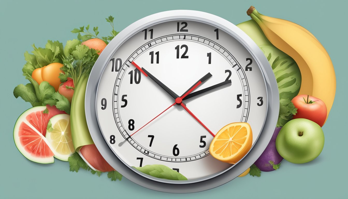 A clock showing a time range between eating and fasting, healthy food choices, and a gradual decrease in weight on a scale