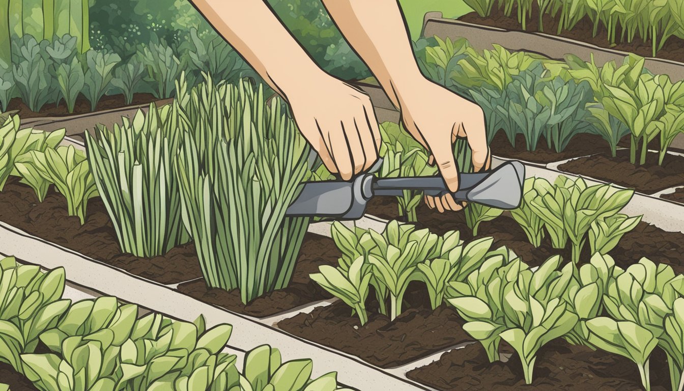 A pair of hands carefully tending to a row of thriving leek plants in a well-maintained garden bed