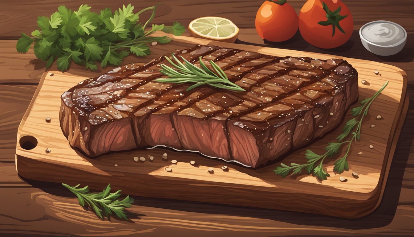 A sizzling New York strip steak rests on a wooden cutting board, surrounded by a garnish of fresh herbs and a drizzle of savory sauce