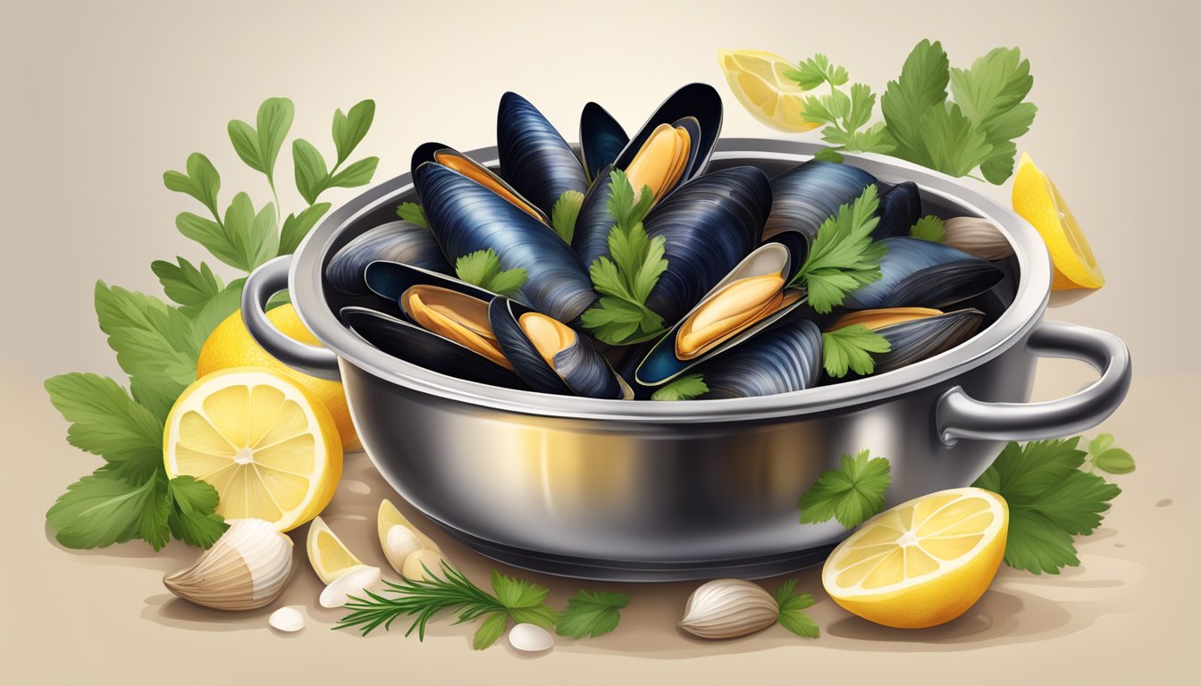 A steaming pot of mussels, shells open, nestled in a fragrant broth, surrounded by fresh herbs and lemon slices