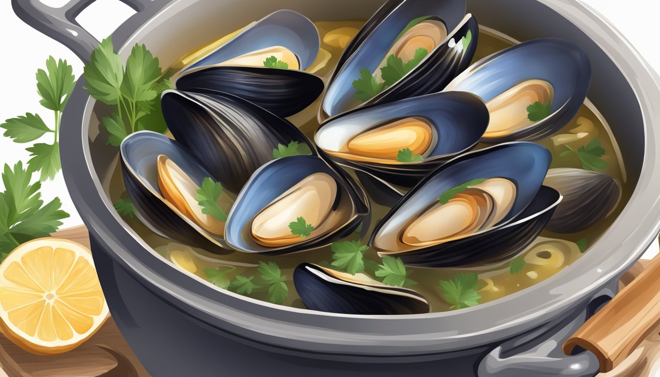 A steaming pot of broth filled with perfectly cooked mussels, surrounded by aromatic herbs and spices