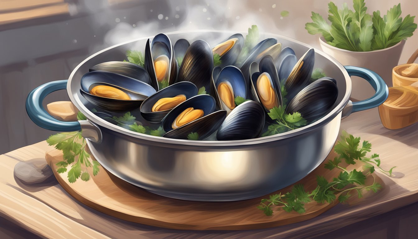 A steaming pot of mussels, nestled in a bed of aromatic herbs and bathed in a rich broth, with a hint of steam rising from the surface