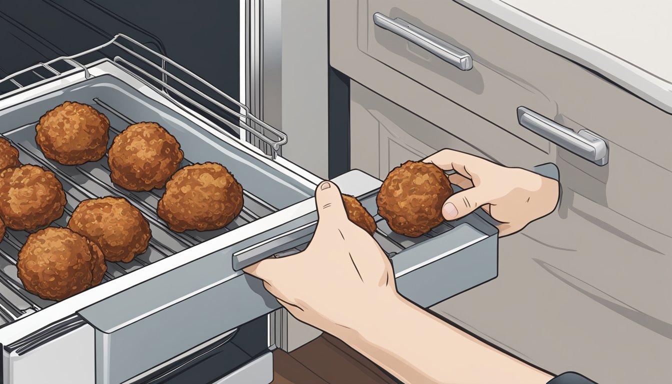 A hand reaching into a refrigerator to pull out a container of oven-baked meatballs. The meatballs are then being placed onto a baking sheet and put into a preheated oven for reheating