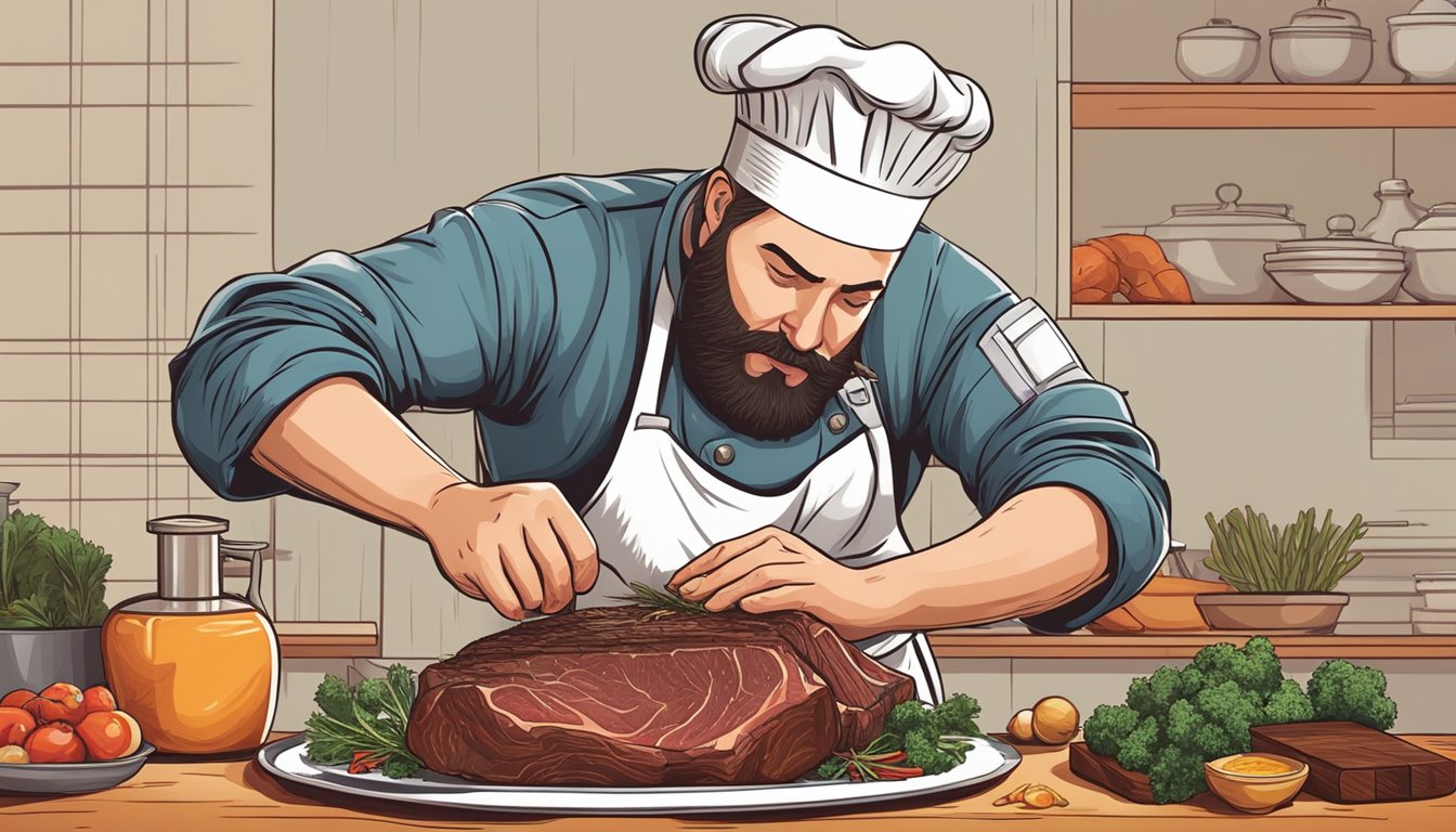 A chef expertly seasons and tenderizes a thick cut of beef, preparing it for grilling as the aroma of savory spices fills the air