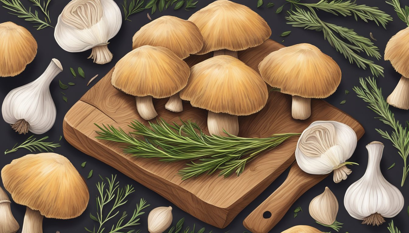 Lion's mane mushrooms surrounded by garlic, thyme, and rosemary on a wooden cutting board