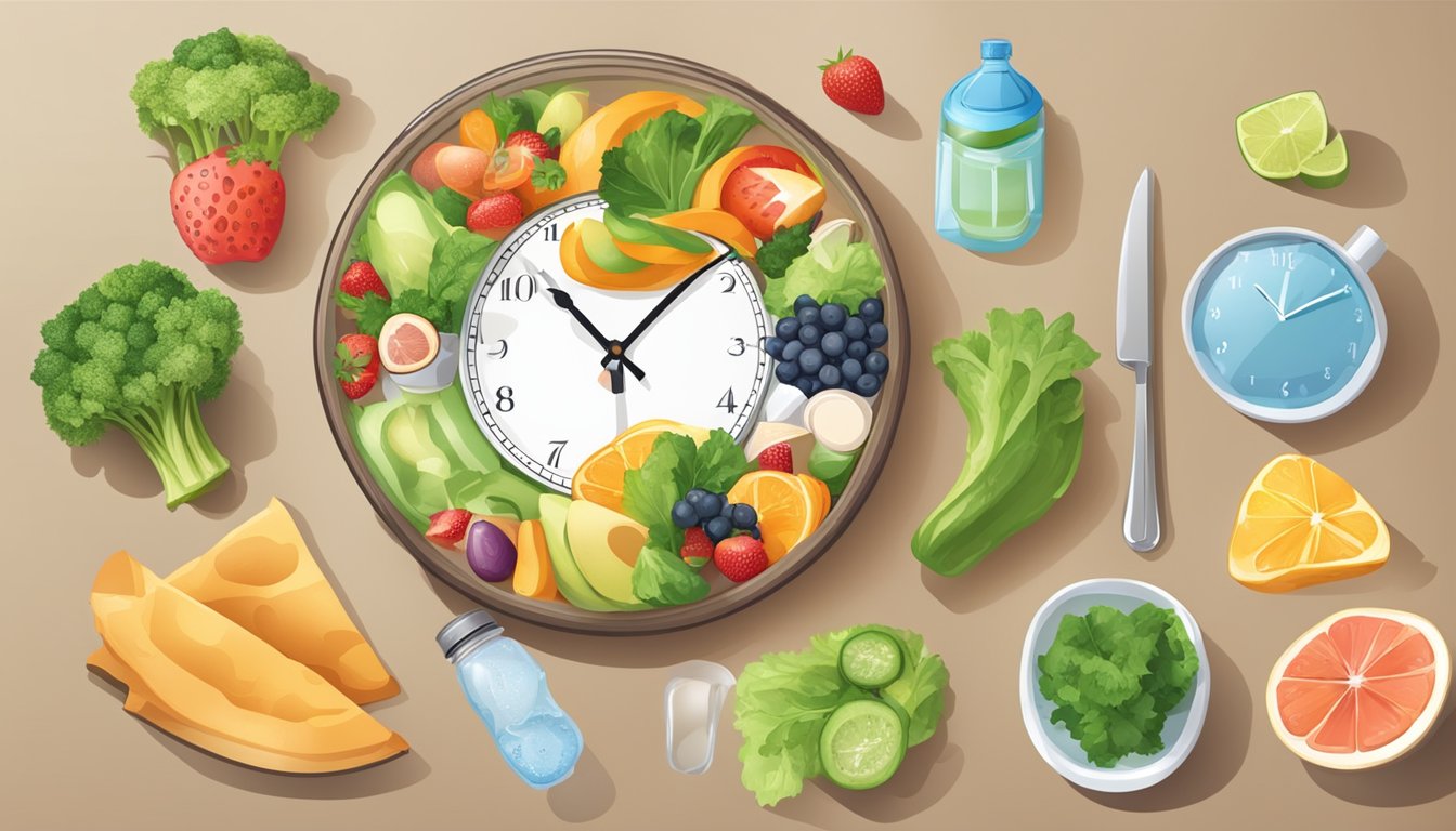 A clock showing a 16-hour fasting window with healthy food options and water on a table