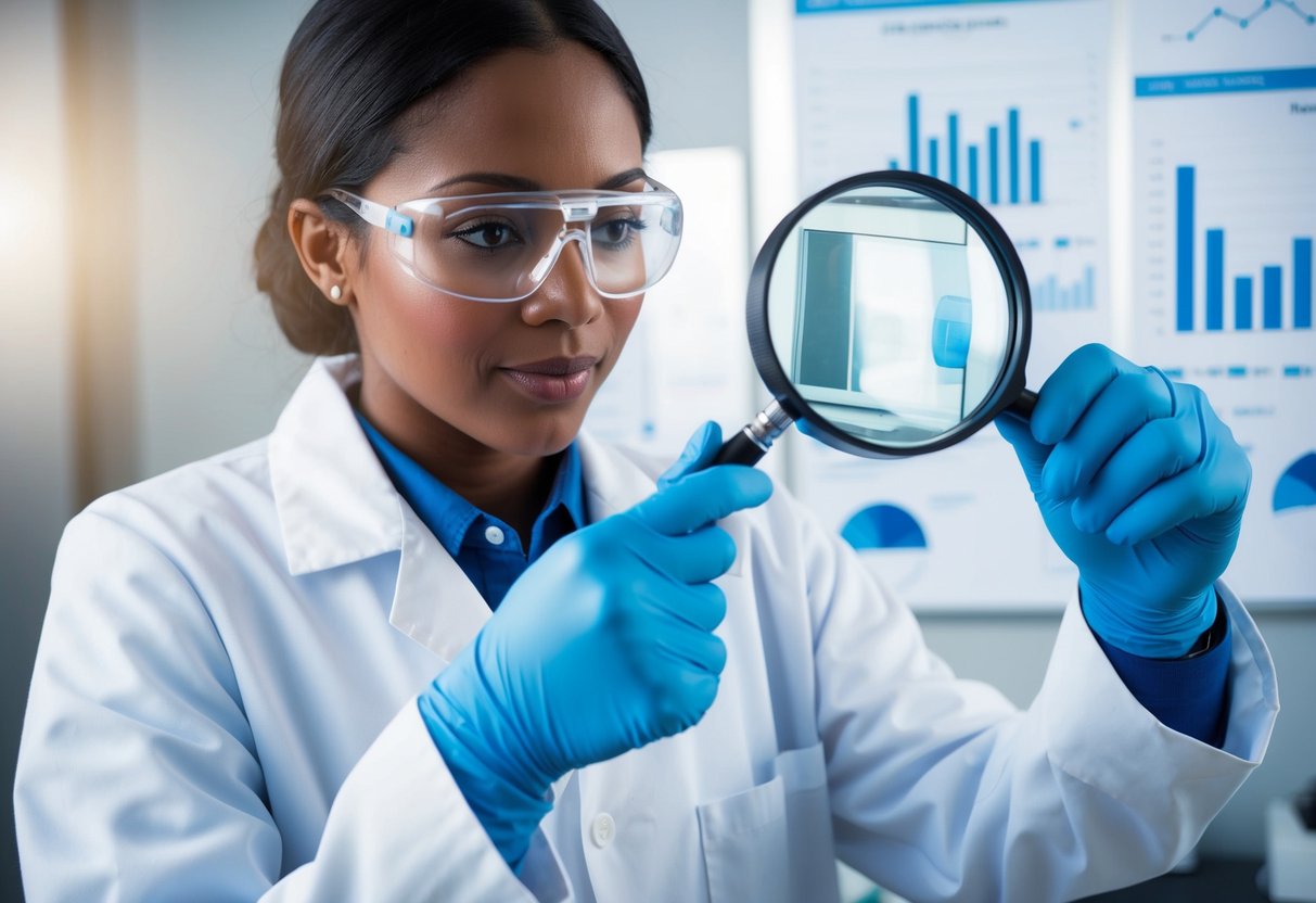 A person wearing a lab coat and gloves examines a medical device under a magnifying glass, surrounded by charts and graphs discovering Risk management in ISO 13485