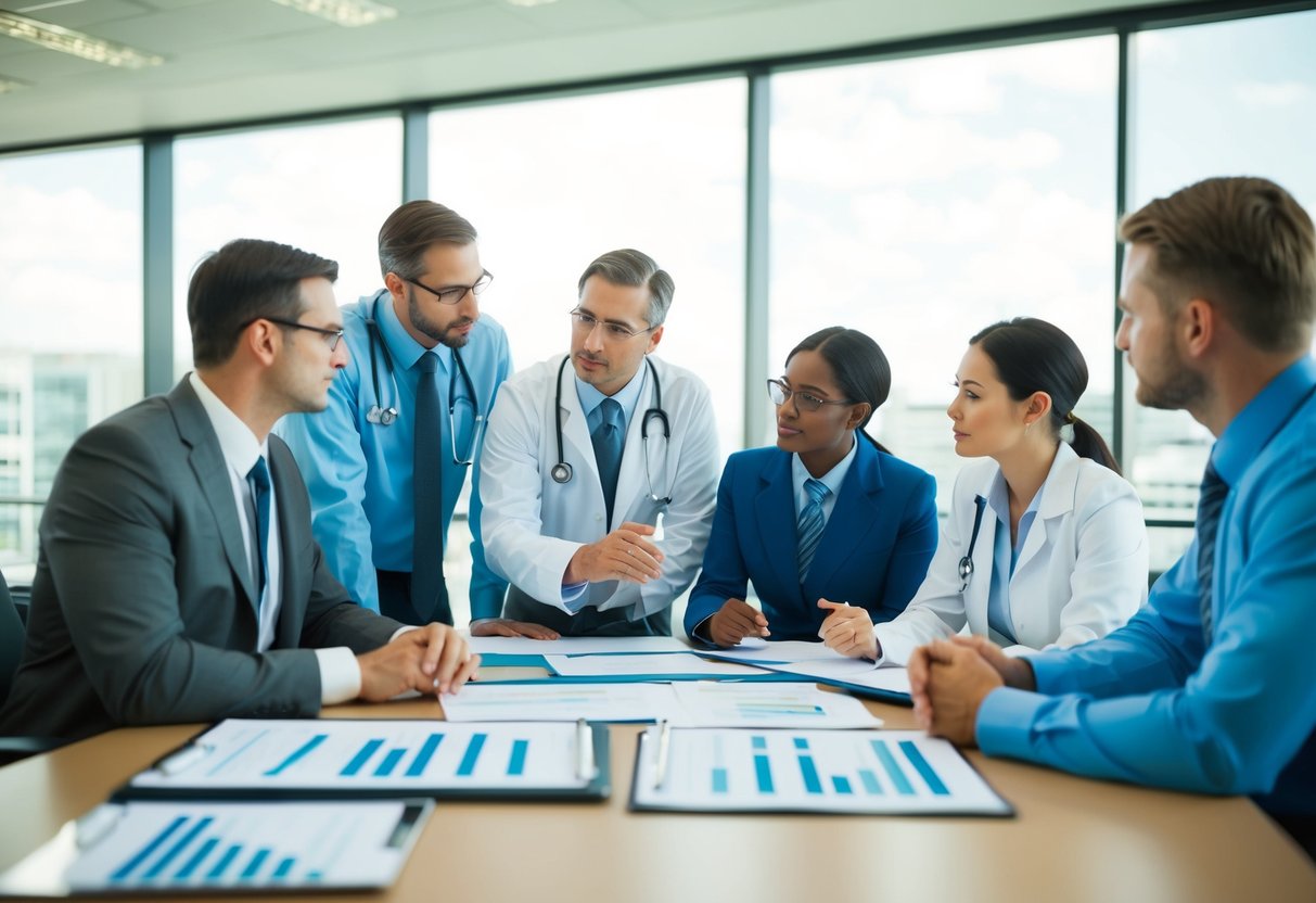 A group of professionals discussing risk management procedures in a medical setting, with documents and charts spread out on a conference table discovering Risk management in ISO 13485